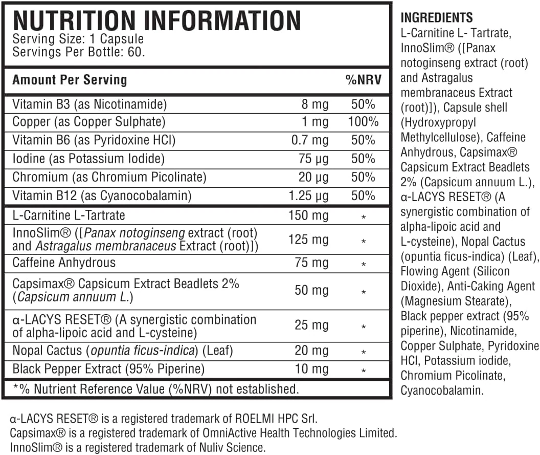 Official PhenQ label — nutrition information and the full ingredient list with per-capsule amounts